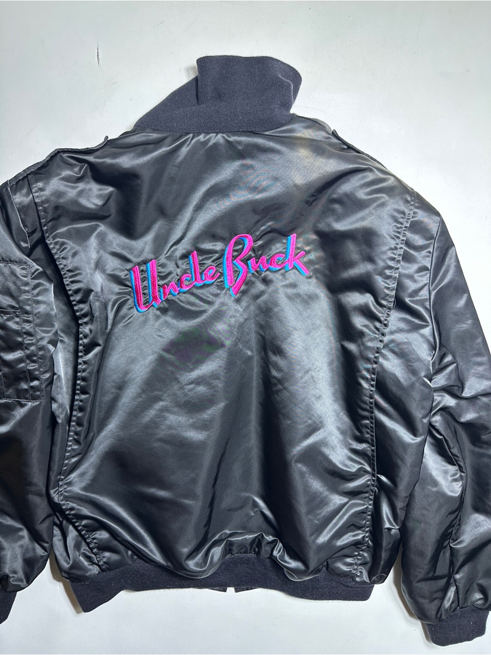 Vintage 80s Uncle Buck Embroidered Satin Bomber Jacket Crew Promo Movie Rare